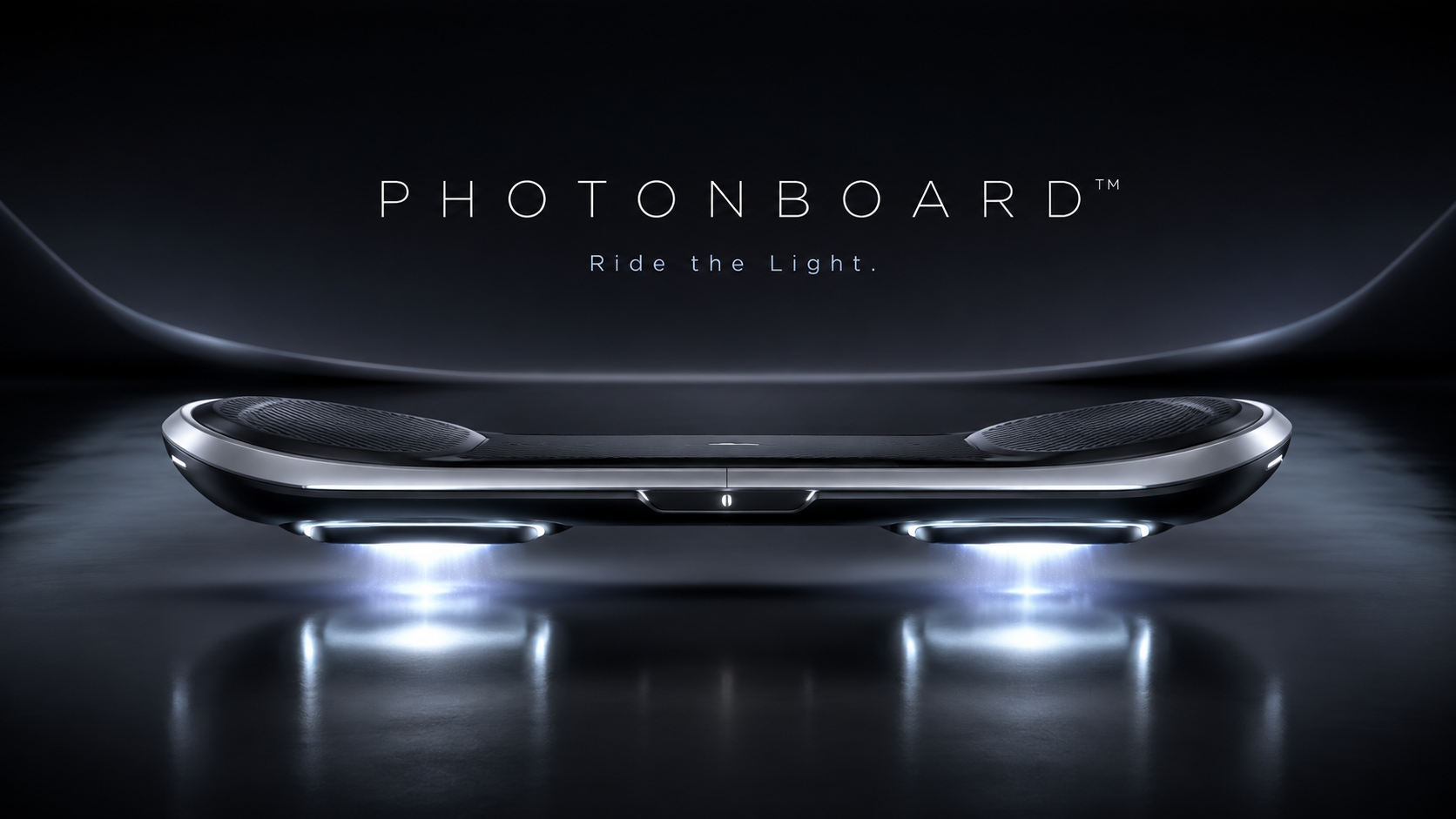 Speculative PhotonBoard hoverboard floating above a dark floor with blue-white photonic light beneath it