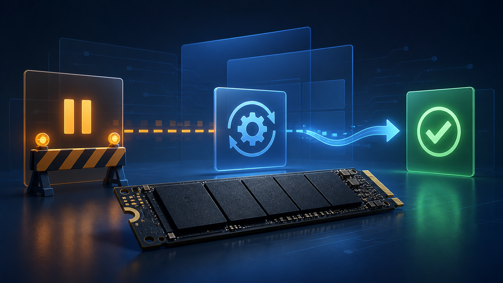 Illustration of the Western Digital NVMe Disk Windows 11 update error, an SSD firmware update, and successful completion